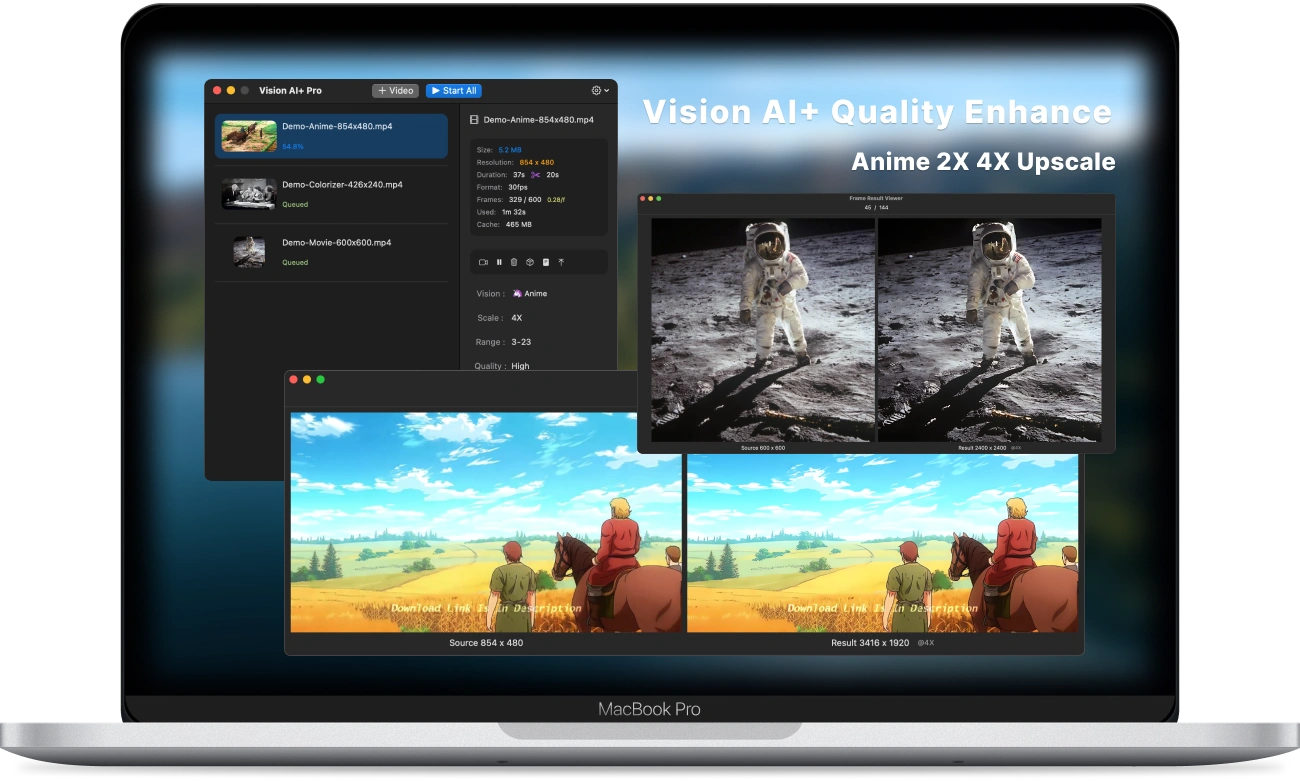 Vision AI+ showing a batch queue and side-by-side enhanced video results